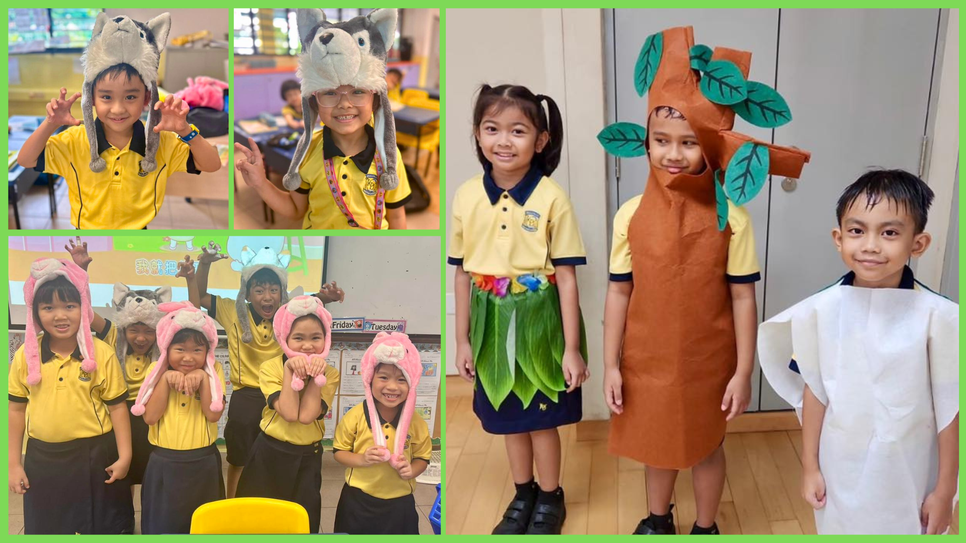 Young children in costumes at a school event, some dressed as trees and others in traditional Malay attire.